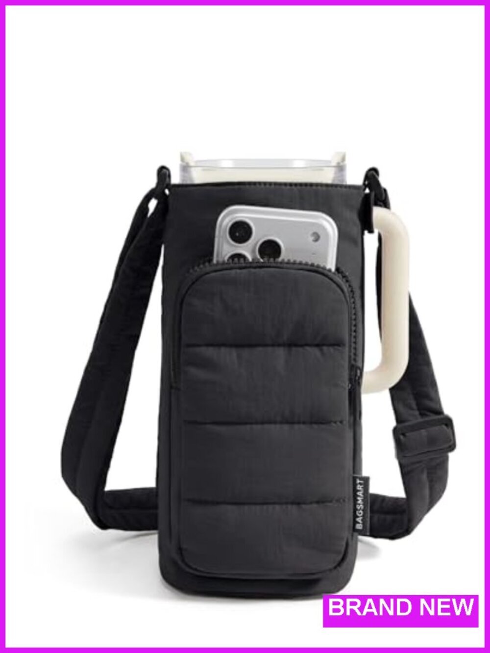 Quilted Crossbody Gym Water Bottle Holder with Strap Magnetic Closure
